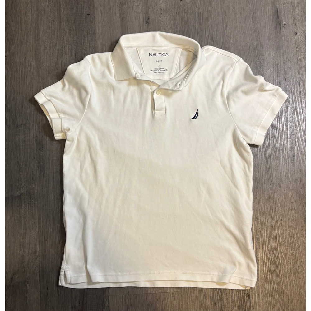 Nautica Polo Shirt Mens Large White Slim Fit Cotton Short Sleeve Logo J-Class